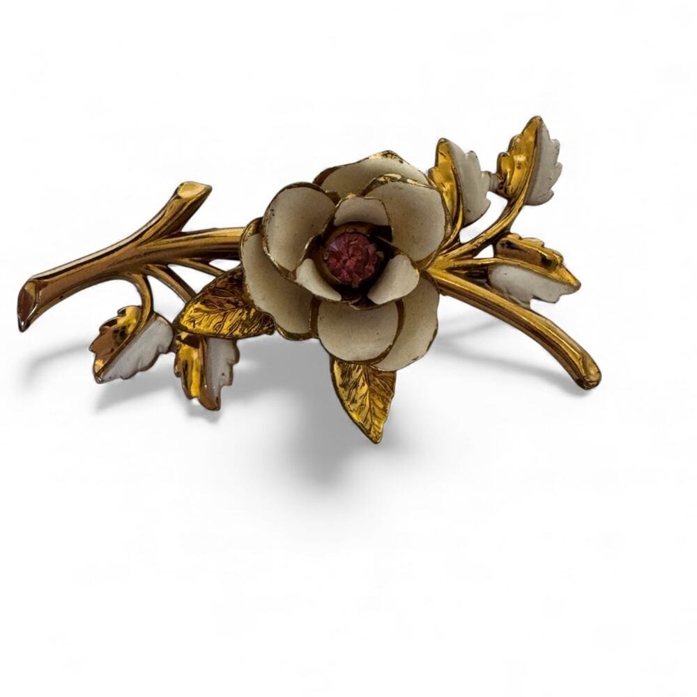 Vintage Coro Signed Gold Tone White Enamel Brooch Rose Flower Branch Pin Estate